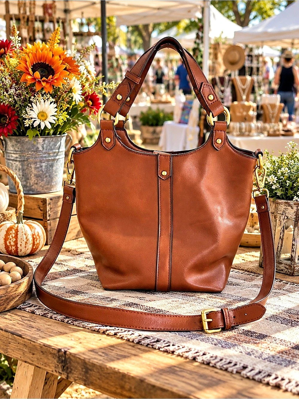 Brown Bucket Style Tote With Shoulder Crossbody Strap